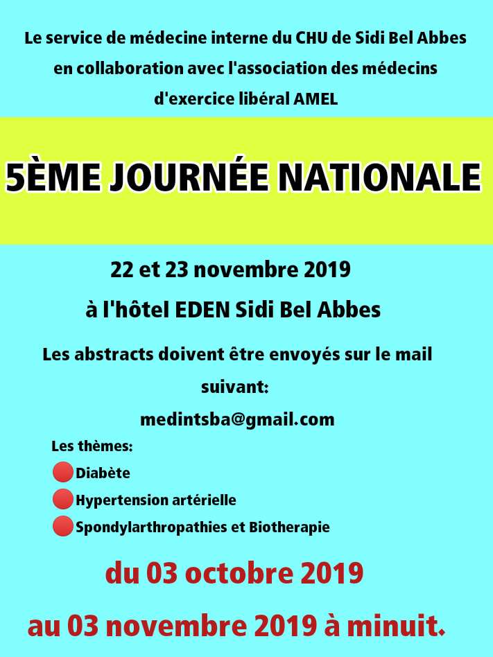 Les 5 &egrave;mes journ&eacute;es nationales de m&eacute;decine interne- 22 et 23 novembre 2019- Sidi Bel Abbes